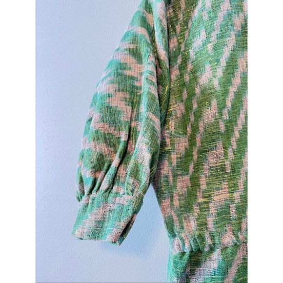 Vintage Fiandaca Couturier 8 Knee Length Dress Green Gold Ikat Zig Zag 60's Mod - Picture 13 of 16